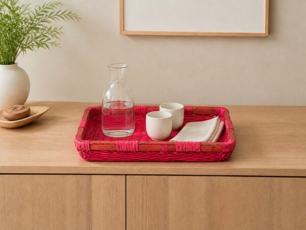 Hasır Sepet – Dikdörtgen Pembe Tepsi 42 × 30 × 8 cm