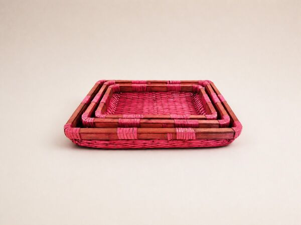 Hasır Sepet – Dikdörtgen Pembe Tepsi 30 × 20 × 7 cm