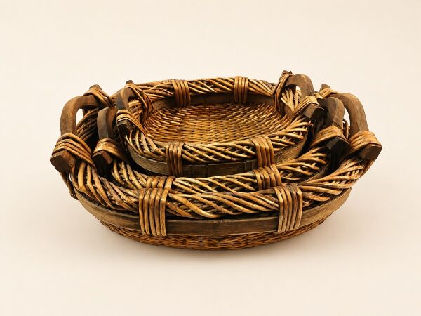 Hasır Sepet – Oval Ahşap Kulplu Düzenleyici 41 × 34 × 13 cm