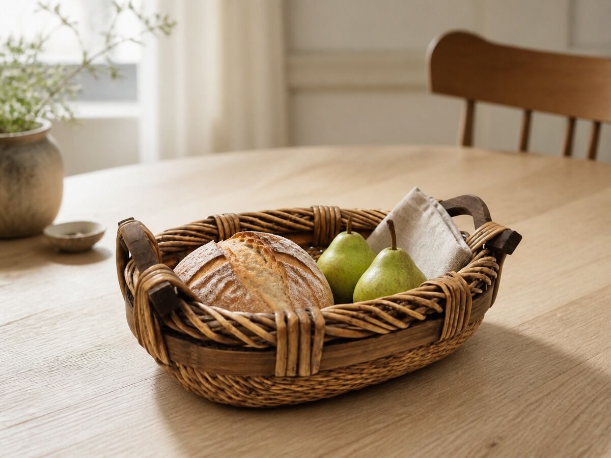 Hasır Sepet – Oval Ahşap Kulplu Düzenleyici 34 × 28 × 11 cm