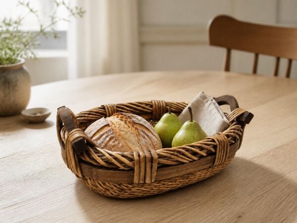 Hasır Sepet – Oval Ahşap Kulplu Düzenleyici 34 × 28 × 11 cm