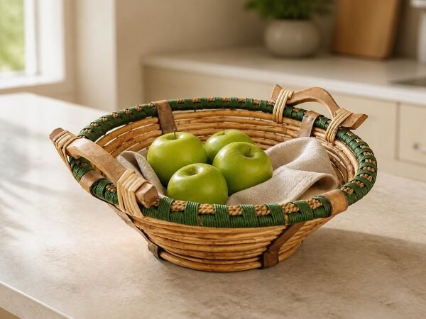 Hasır Sepet – Yuvarlak Ahşap Kulplu Yeşil Detaylı 32 × 32 × 13 cm