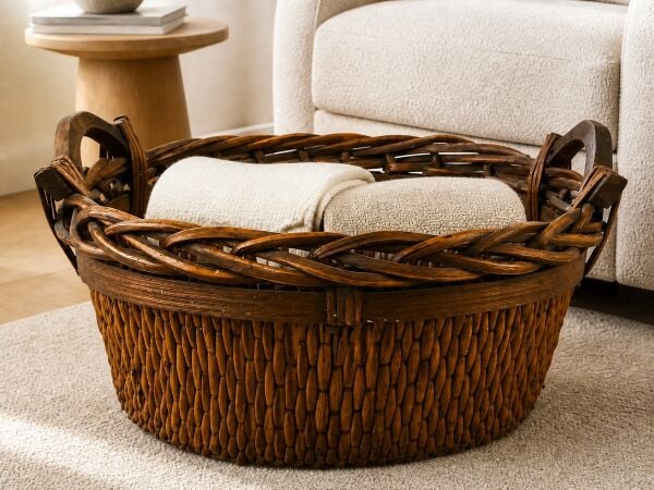 Hasır Sepet – Oval Ahşap Kulplu Saklama Sepeti 43 × 39 × 22 cm