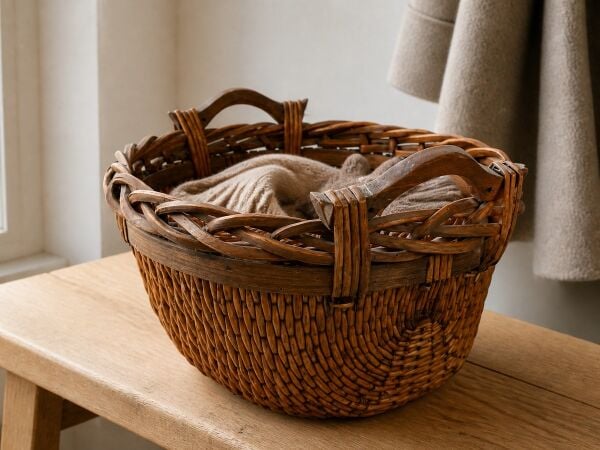 Hasır Sepet – Oval Ahşap Kulplu Saklama Sepeti 34 × 31 × 18 cm