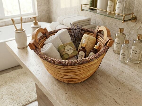 Ahşap Kulplu Dekoratif Hasır Sepet 37cm