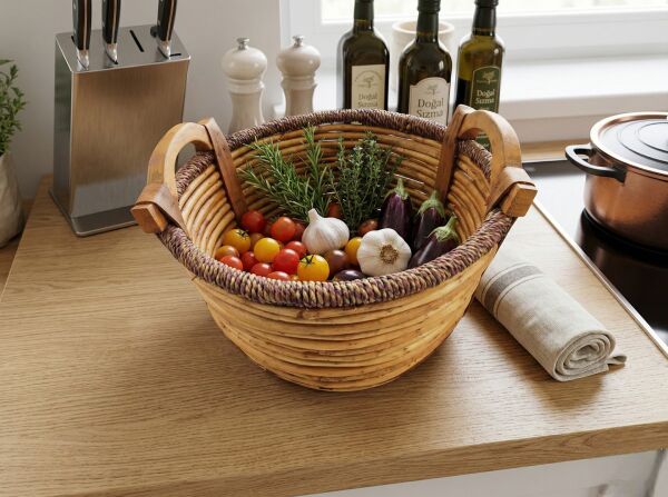 Ahşap Kulplu Dekoratif Hasır Sepet 37cm