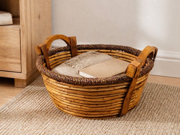 Hasır Sepet – Yuvarlak Ahşap Kulplu Düzenleyici 37 × 37 × 16 cm