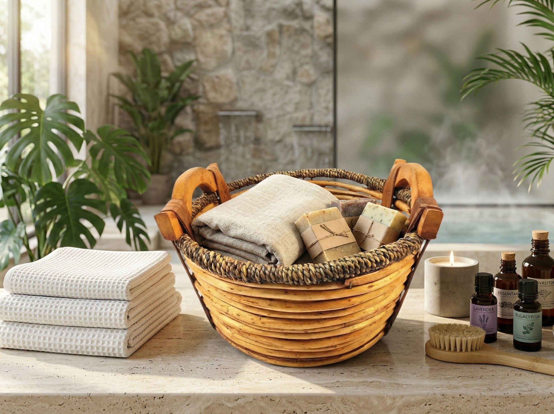 Ahşap Kulplu Dekoratif Hasır Sepet 30cm