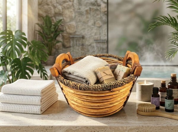 Ahşap Kulplu Dekoratif Hasır Sepet 30cm