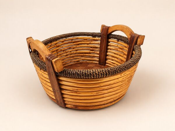 Hasır Sepet – Yuvarlak Ahşap Kulplu Düzenleyici 30 × 30 × 14 cm