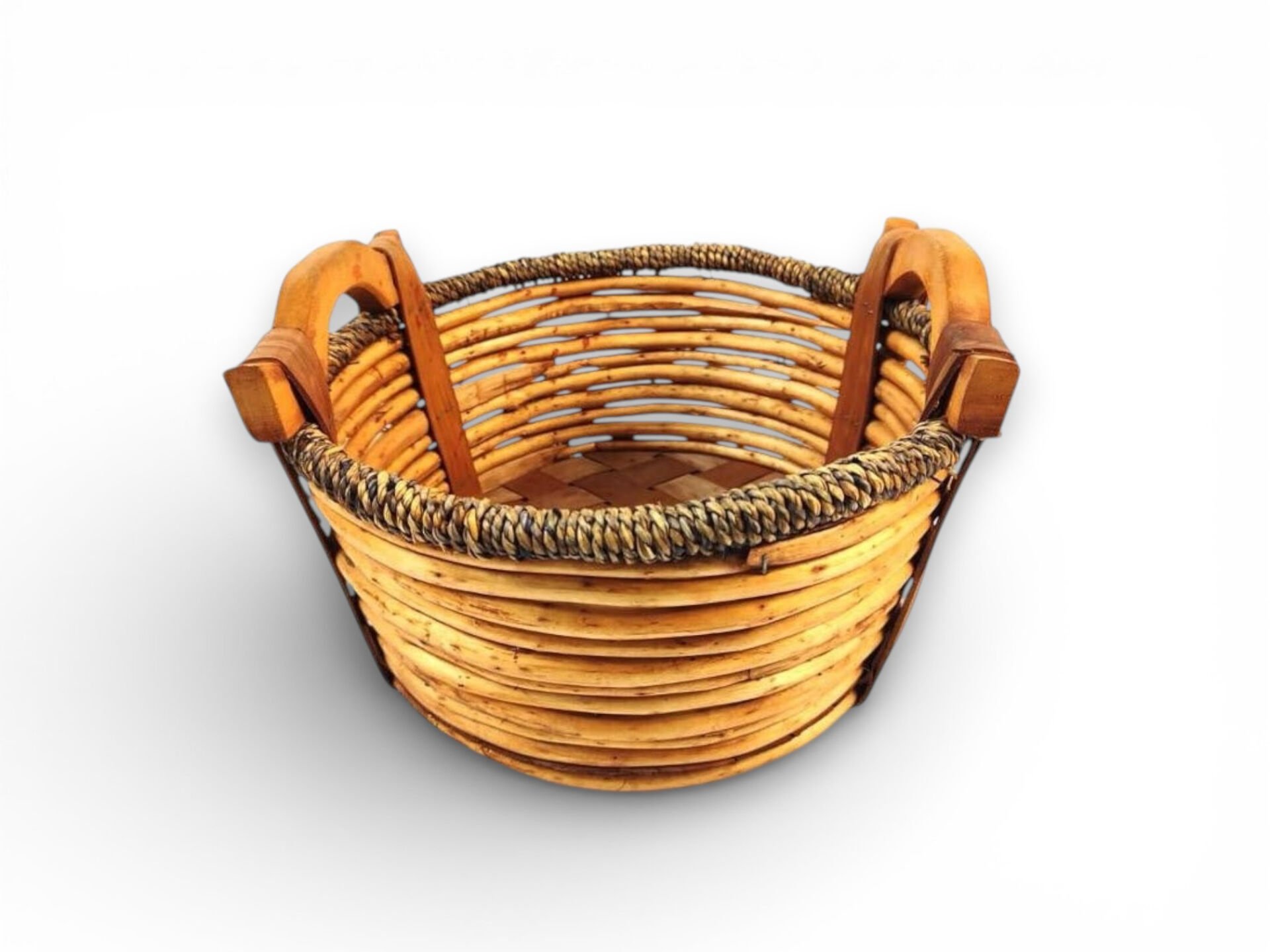 Ahşap Kulplu Dekoratif Hasır Sepet 30cm