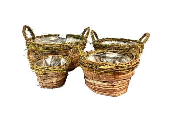 Natural 4'lü Hasır Sepet ve Dekoratif Çiçeklik Seti