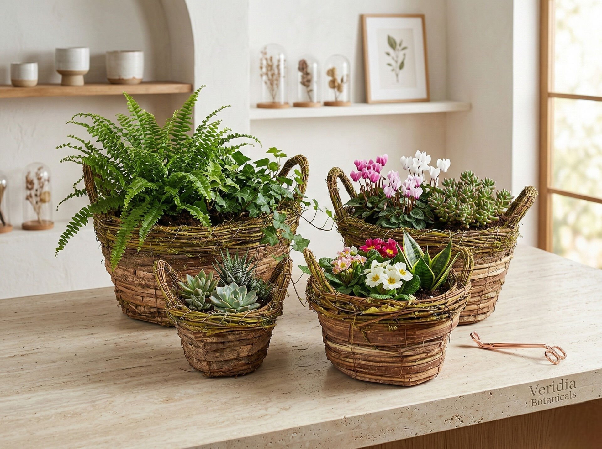 Natural 4'lü Hasır Sepet ve Dekoratif Çiçeklik Seti