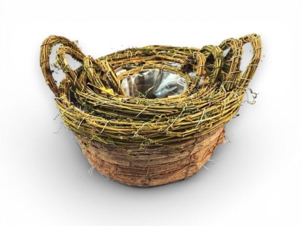 Natural 4'lü Hasır Sepet ve Dekoratif Çiçeklik Seti