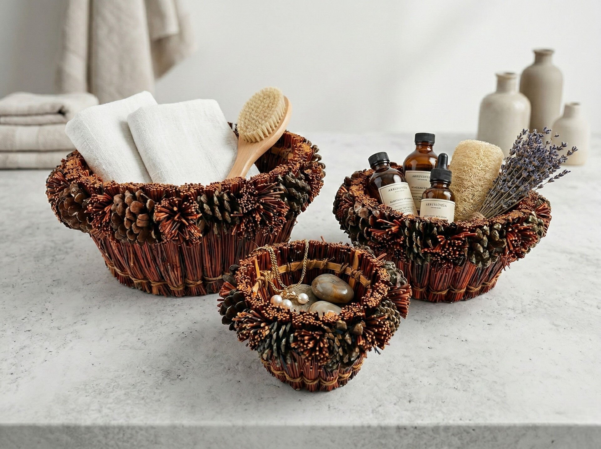 3’lü Hasır Sepet Saksı ve Dekoratif Çiçeklik Seti - Doğal Tasarım