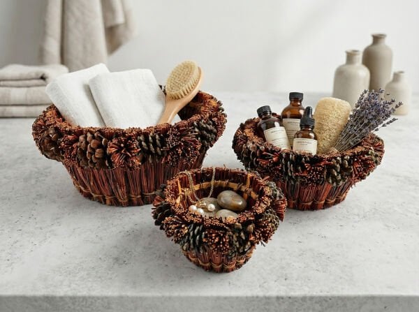 3’lü Hasır Sepet Saksı ve Dekoratif Çiçeklik Seti - Doğal Tasarım