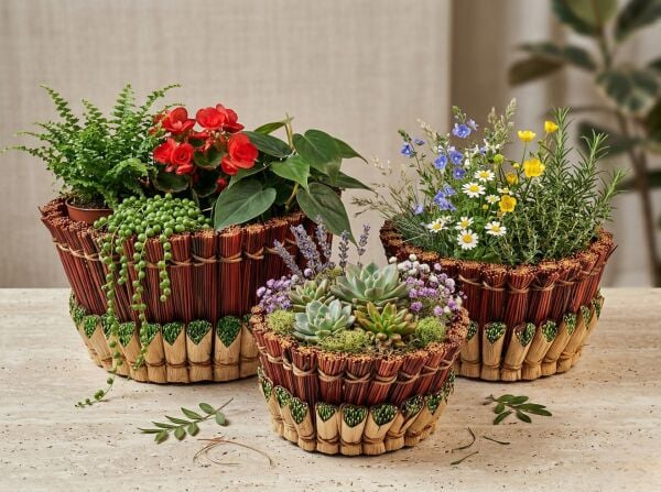 3'lü Dekoratif Hasır Sepet Seti - El Yapımı Düzenleyici ve Hasır Saksı Seti