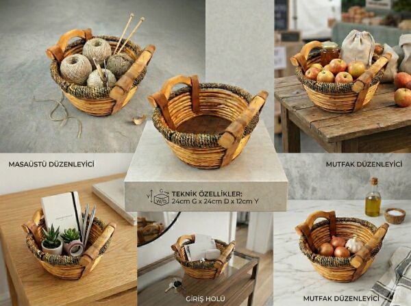 Ahşap Kulplu Dekoratif Hasır Sepet 24cm