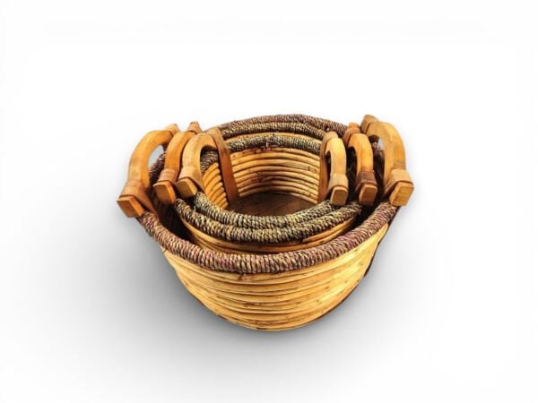 Ahşap Kulplu Dekoratif Hasır Sepet 24cm