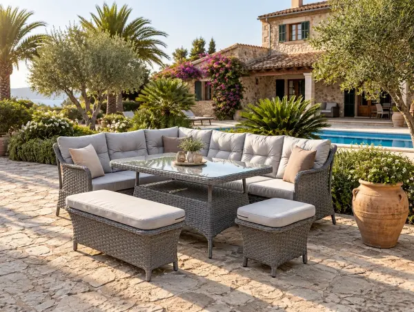 Balkon ve Bahçe Köşe Takımı Marbella Açık Gri Rattan Koyu Gri Minder