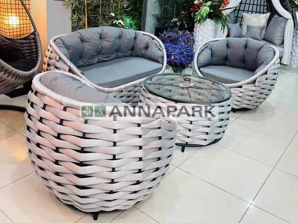 Apple Balkon ve Veranda Oturma Takımı - Açık Gri Örgü / Gri Minder