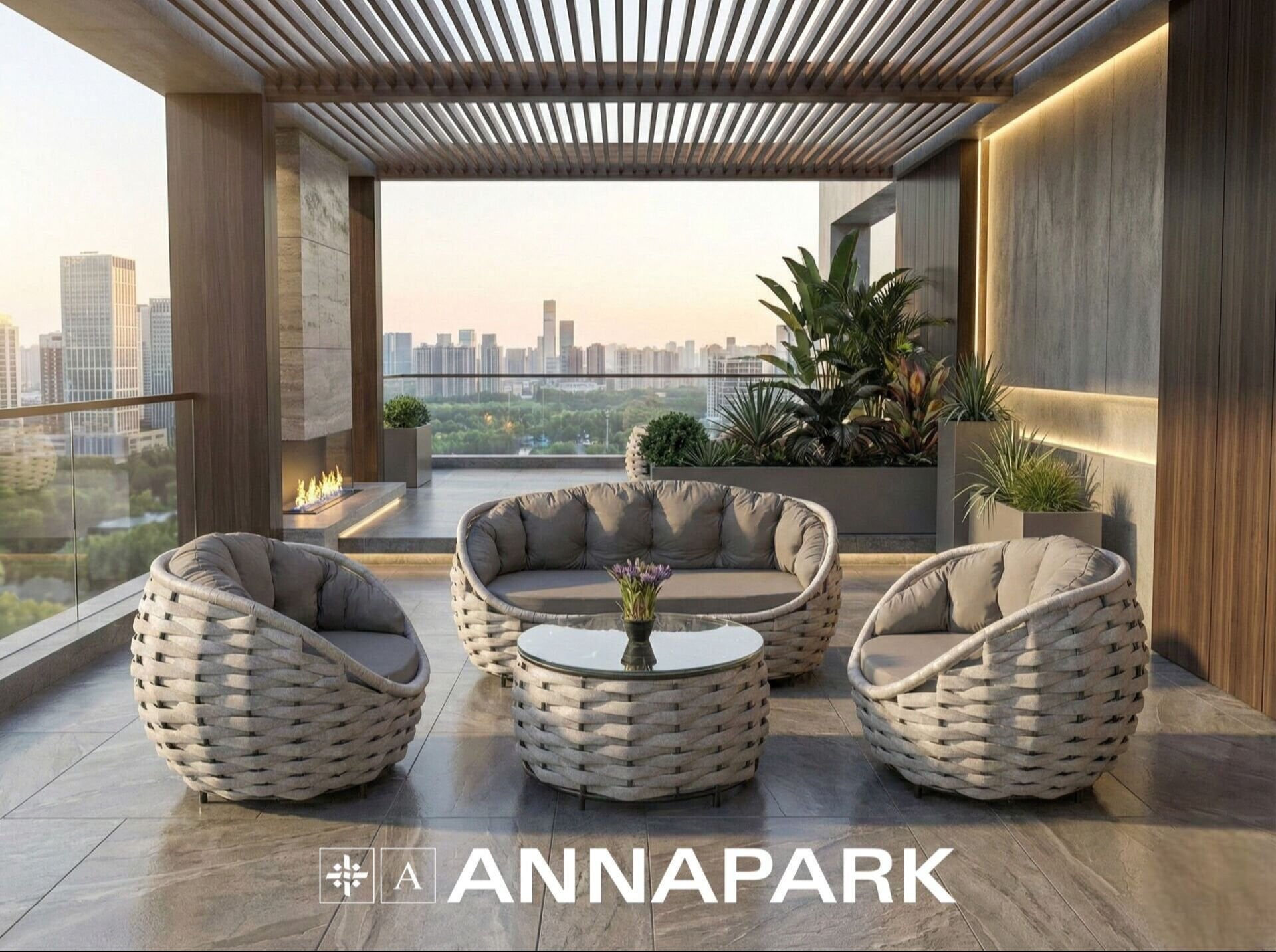 Apple Balkon ve Veranda Oturma Takımı - Açık Gri Örgü / Gri Minder