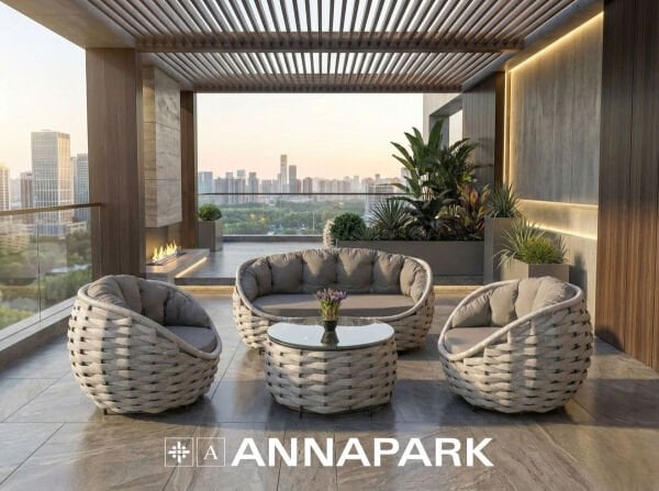 Apple Balkon ve Veranda Oturma Takımı - Açık Gri Örgü / Gri Minder