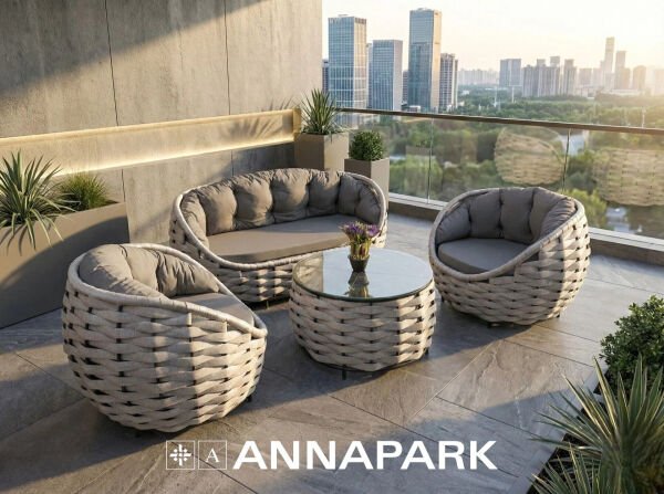 Apple Balkon ve Veranda Oturma Takımı - Açık Gri Örgü / Gri Minder