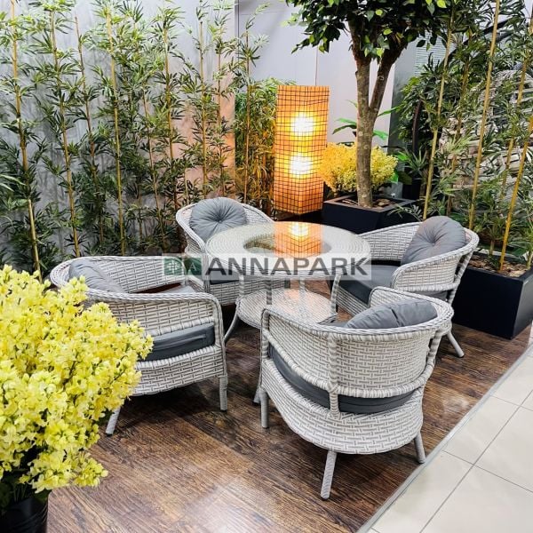 Annapark Lobby Rattan Yemek Masa Takımı ( Dört Kişilik ) Açık Gri / Gri