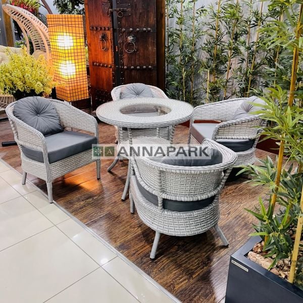 Annapark Lobby Rattan Yemek Masa Takımı ( Dört Kişilik ) Açık Gri / Gri
