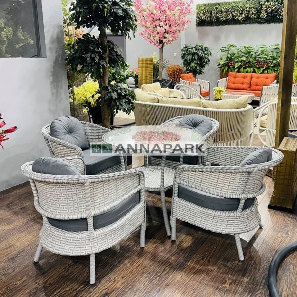 Annapark Lobby Rattan Yemek Masa Takımı ( Dört Kişilik ) Açık Gri / Gri