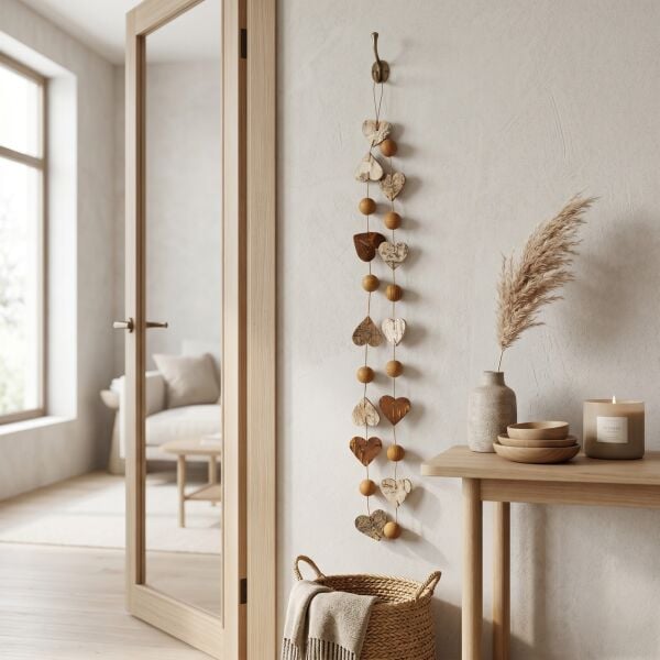 Doğal Ahşap Kalp Figürlü Dekoratif Garland - 150 cm