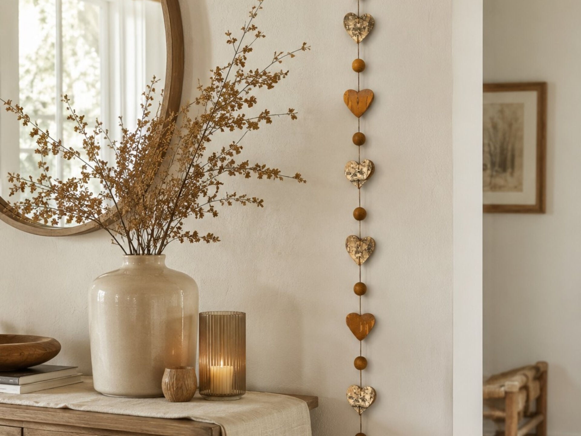 Doğal Ahşap Kalp Figürlü Dekoratif Garland - 150 cm