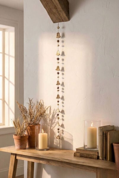 Doğal Ahşap Çan Detaylı Sarkıt Garland - 150 cm