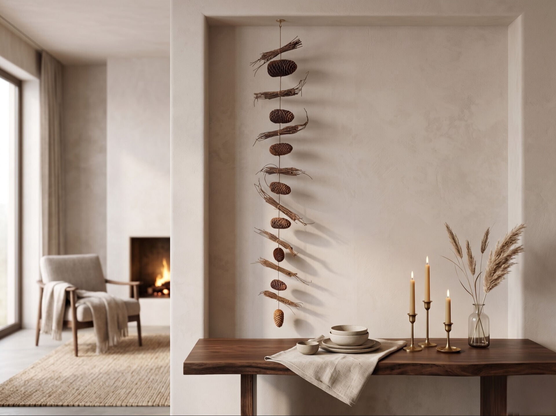 Doğal Kozalak ve Kuru Dal Sarkıt Garland - 150 cm