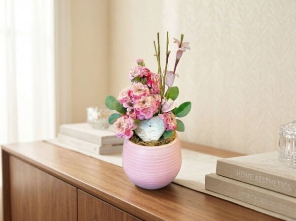 Saksılı Yapay Açelya Ahşap Kalp Detaylı Pembe 18 cm