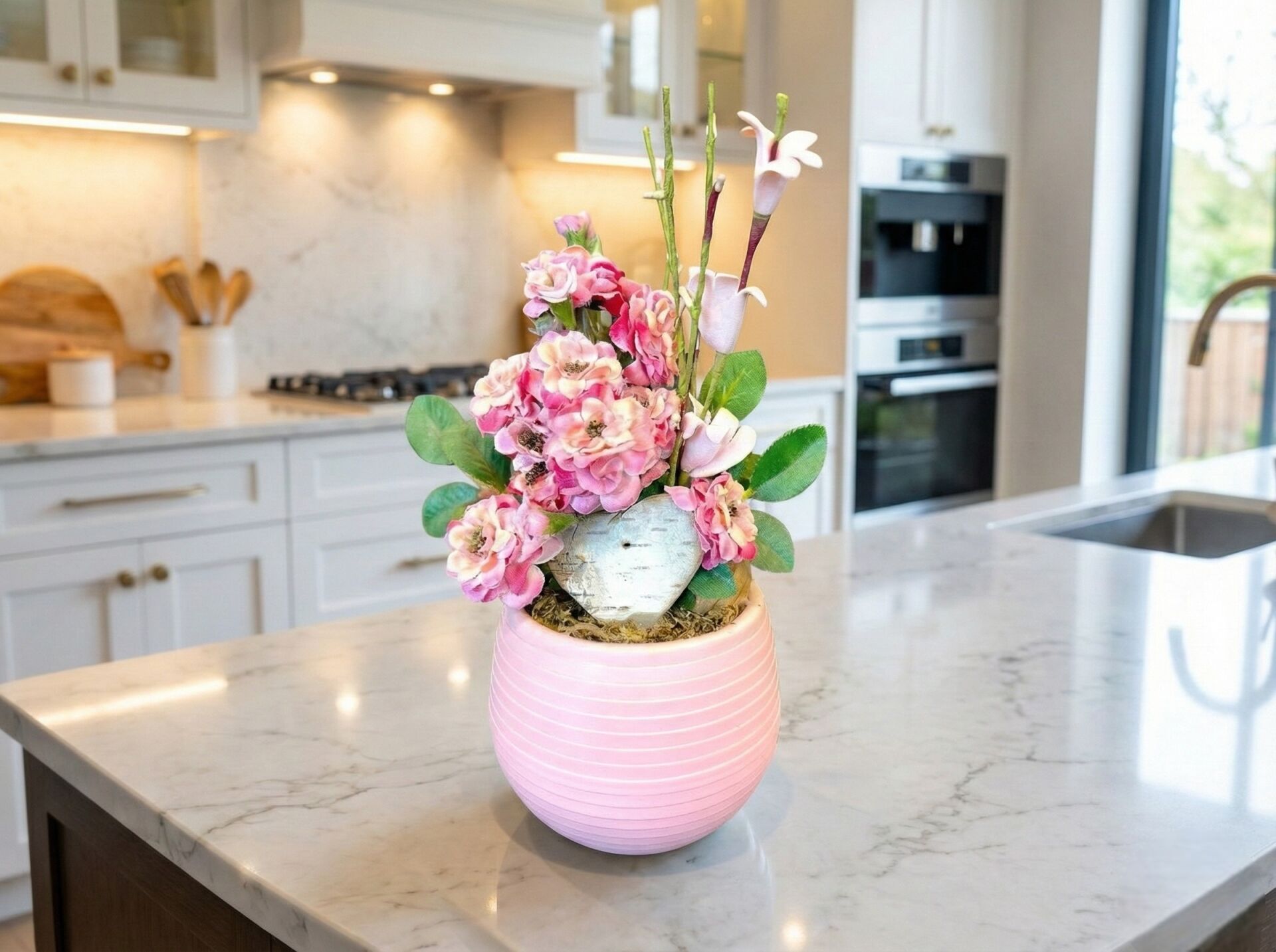 El Yapımı Kalpli Pembe Yapay Çiçek Aranjmanı - Dekoratif Masa Üstü Hediye (15 cm)