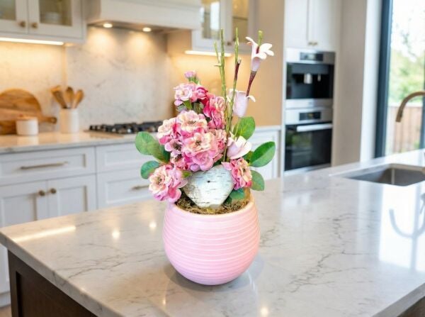 El Yapımı Kalpli Pembe Yapay Çiçek Aranjmanı - Dekoratif Masa Üstü Hediye (15 cm)