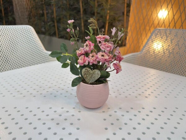 Saksılı Yapay Açelya Ahşap Kalp Detaylı Pembe 18 cm