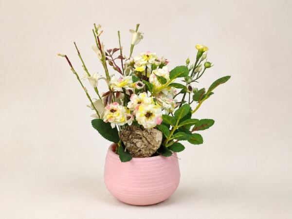 Saksılı Yapay Açelya Ahşap Kalp Detaylı Pembe 18 cm