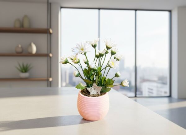 Saksılı Yapay Papatya Ahşap Detaylı Beyaz 20 cm