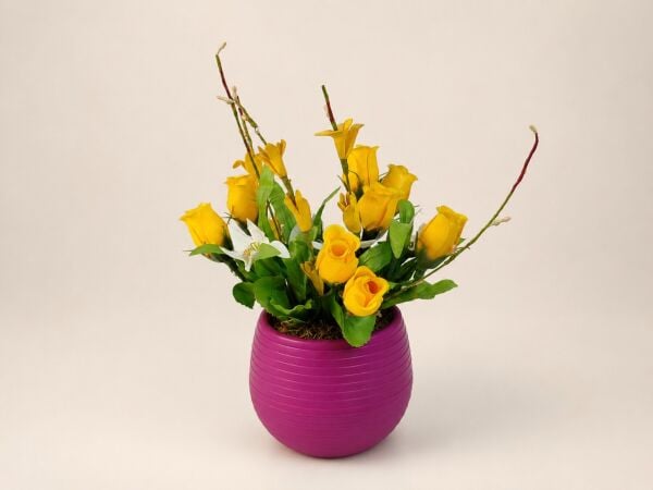 Saksılı Yapay Tomurcuk Gül Sarı 15 cm