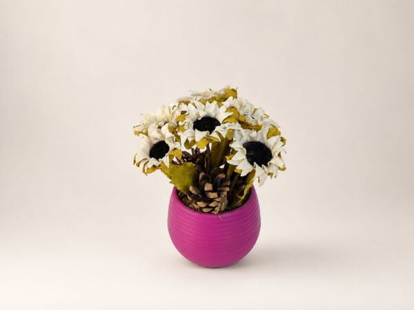Saksılı Yapay Kır Çiçeği Kozalak Detaylı Beyaz 15 cm