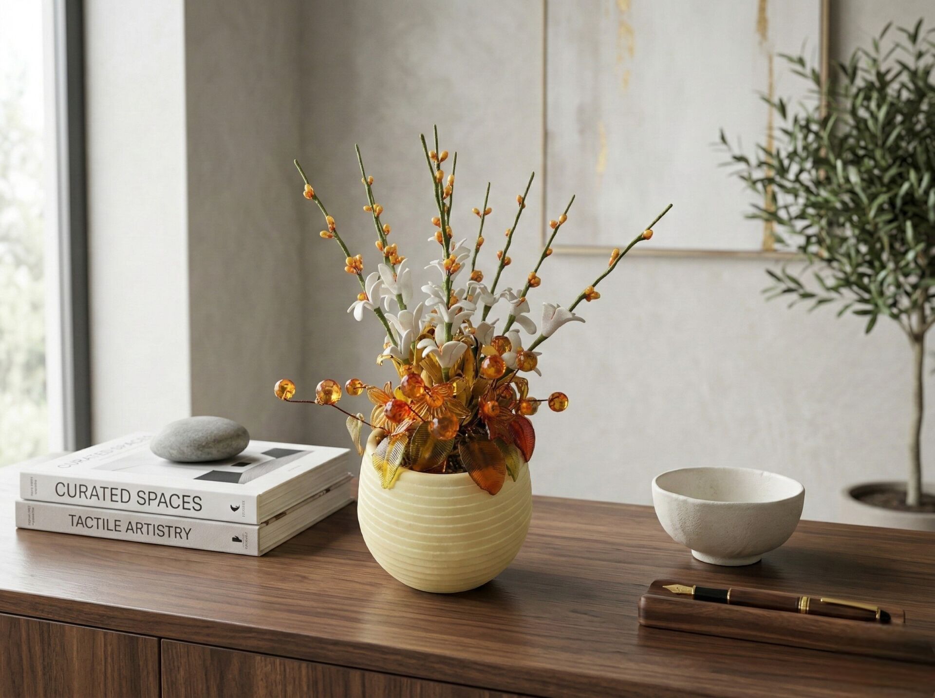 Saksılı Yapay Bahar Dalı Krem 18 cm