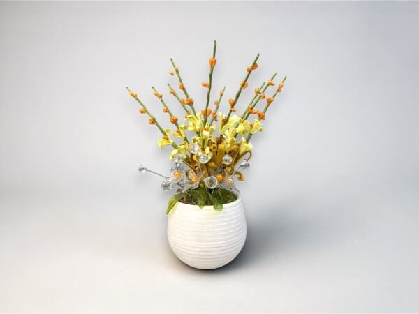 Crystal Cream Dekoratif Yapay Çiçek Aranjmanı - Kristal Detaylı Masa Süsü