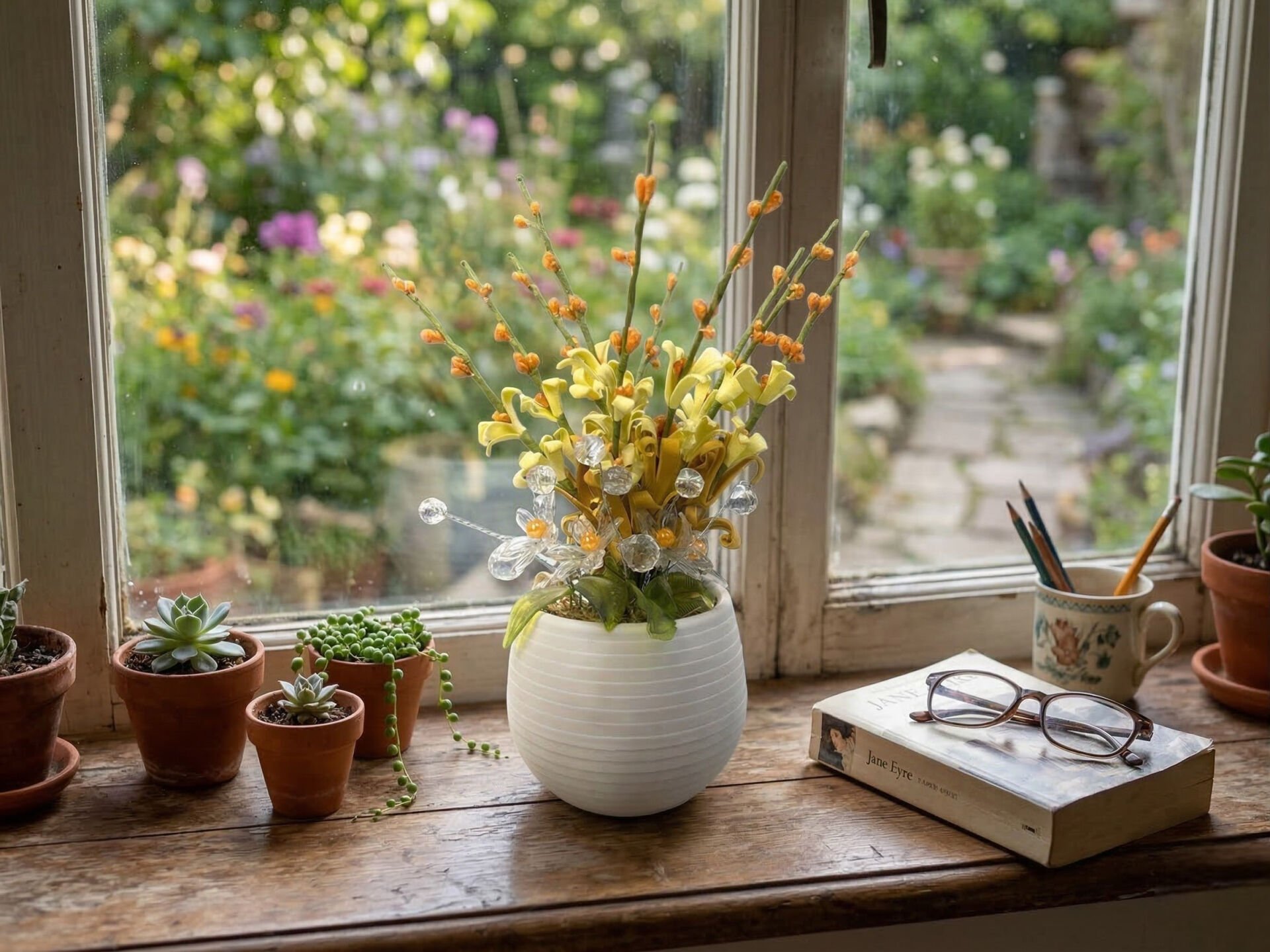 Crystal Cream Dekoratif Yapay Çiçek Aranjmanı - Kristal Detaylı Masa Süsü