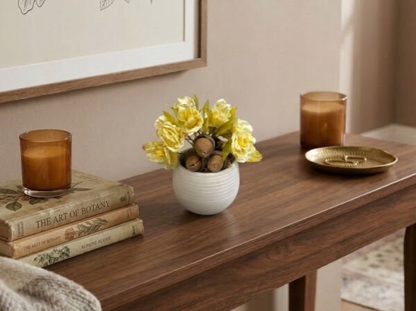 Saksılı Yapay Gül Palamut Detaylı Sarı 15 cm