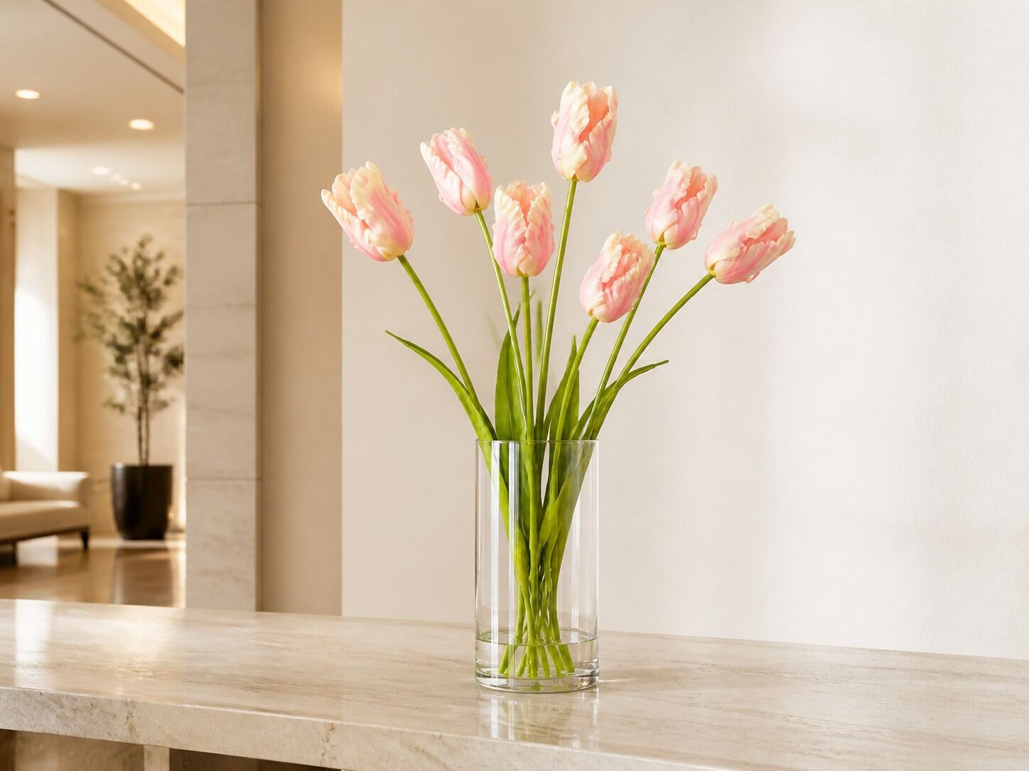 Yapay Lale Islak Dokulu 65 cm Pembe Krem