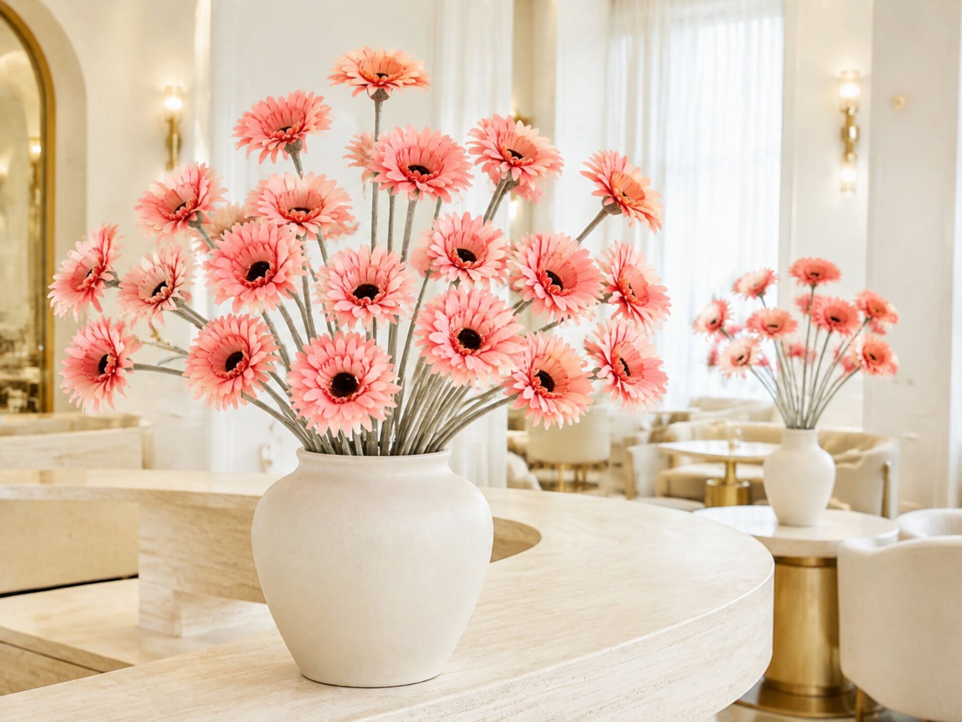 Yapay gerbera çiçeklerinin çoklu kullanım düzeni, vazo ve mekân canlandırması