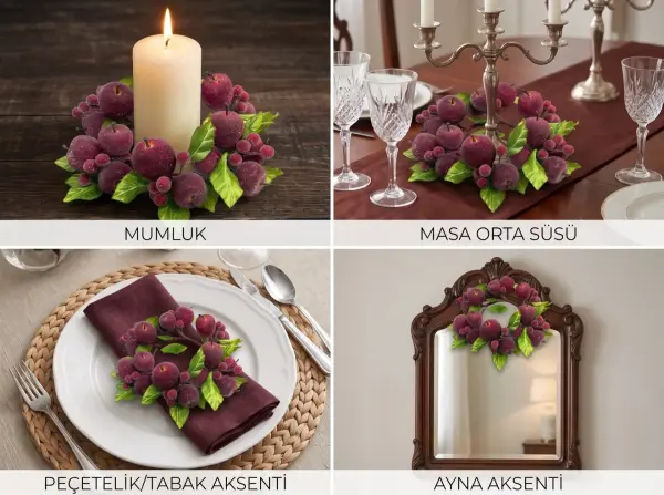 Bordo Elma Detaylı Dekoratif Mum Halkası 16 cm